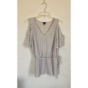 Ann Taylor Dots Cold Shoulder Top Elastic Tie Waist Belted Shirt Blouse Size L
